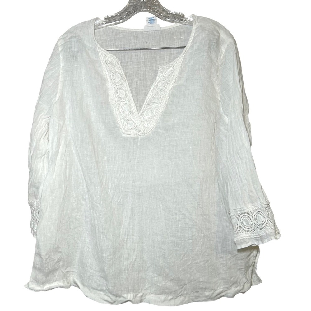 sigrid olsen white blouse women's large 100% linen resort vacation summer classy